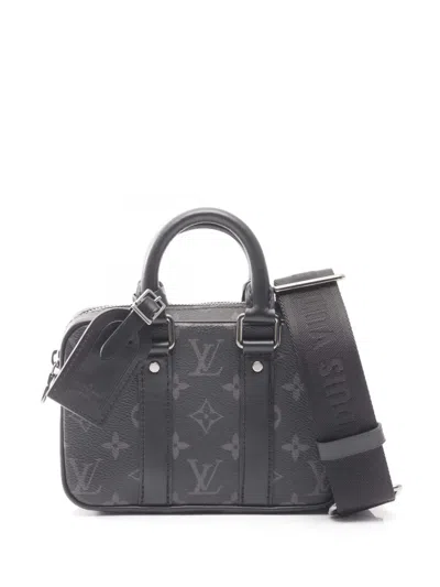 Pre-owned Louis Vuitton 2021-2025 Nano Monogram Eclipse Porte Documents Voyage Satchel In Black