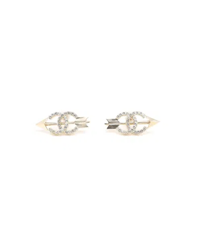Pre-owned Chanel Coco Mark Arrow Rhinestone Earrings In Gold