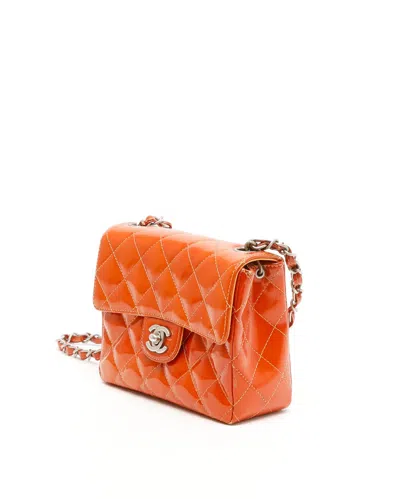Pre-owned Chanel Classic Square Patent Single Flap Bag In Orange
