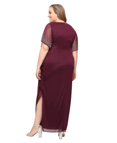 Alex Evenings Plus Size Embellished-sleeve Draped Chiffon Gown In Burgundy