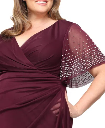 Alex Evenings Plus Size Embellished-sleeve Draped Chiffon Gown In Burgundy