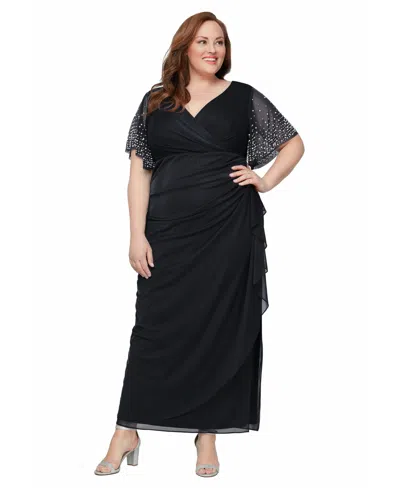 Alex Evenings Plus Size Embellished-sleeve Draped Chiffon Gown In Black