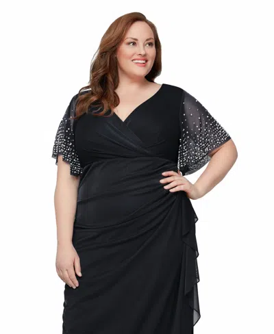 Alex Evenings Plus Size Embellished-sleeve Draped Chiffon Gown In Black