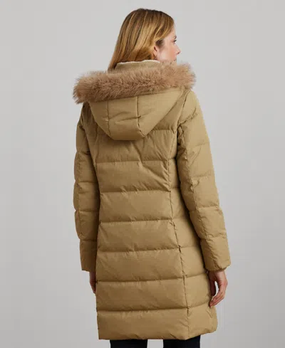 Ralph Lauren Petite Faux-fur-trim Hooded Puffer Coat In Nude