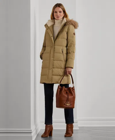 Ralph Lauren Petite Faux-fur-trim Hooded Puffer Coat In Nude