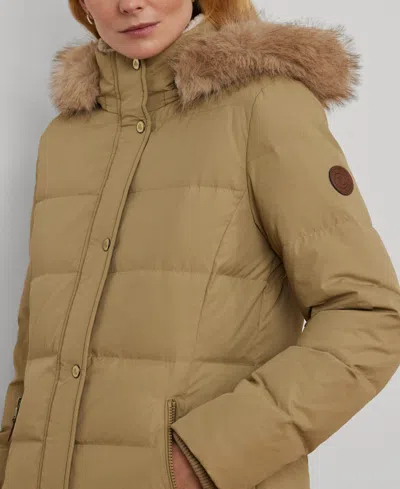 Ralph Lauren Petite Faux-fur-trim Hooded Puffer Coat In Nude
