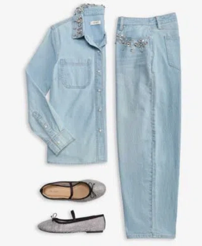 On 34th Womens Denim Button Up Shirt Embellished Barrel Leg Jeans Macys Exclusive In Blue