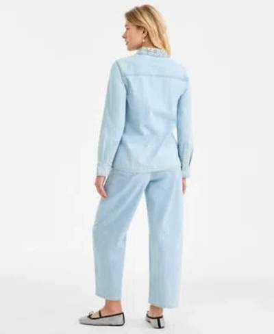 On 34th Womens Denim Button Up Shirt Embellished Barrel Leg Jeans Macys Exclusive In Blue