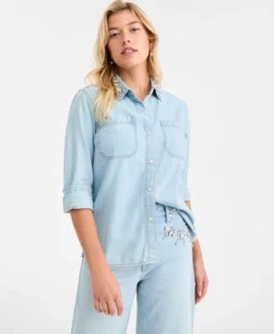 On 34th Womens Denim Button Up Shirt Embellished Barrel Leg Jeans Macys Exclusive In Blue