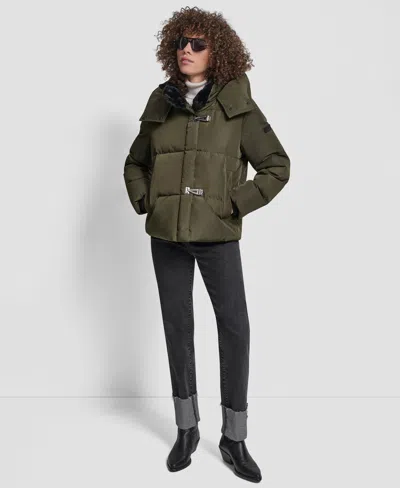 Dkny Women's Shirt Toggle Hooded Puffer Coat In Green