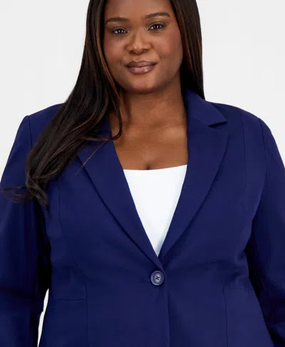 Kasper Plus Size Notched Collar One-button Blazer In Blue