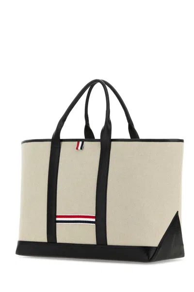 Thom Browne Sand Canvas Medium Rwb-stripe Shopping Bag In Neutral