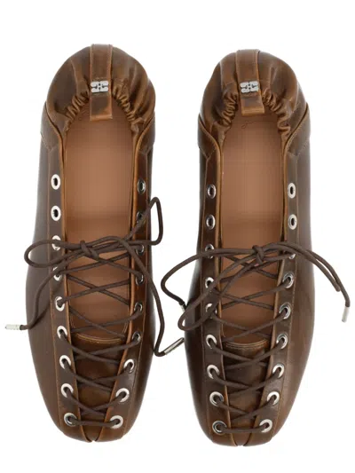 Ganni Khaki Oleatex Lace-up Ballerina Flats In Multi