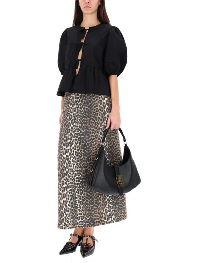 Ganni Poplin Front-tie Peplum Blouse With Puffed-sleeves In Black