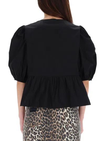 Ganni Poplin Front-tie Peplum Blouse With Puffed-sleeves In Black