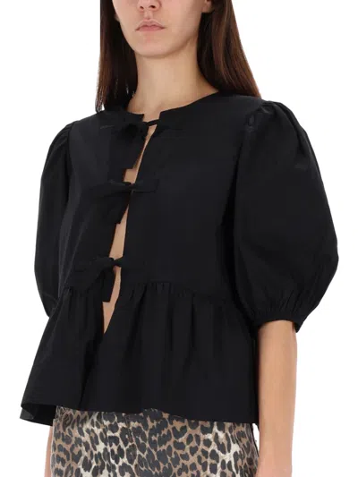 Ganni Poplin Front-tie Peplum Blouse With Puffed-sleeves In Black