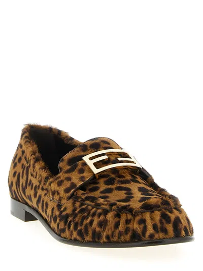 Fendi Women Brown Loafers With Ff Plaque And Leopard Motif In Brushed Leather Woman In Multi
