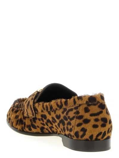 Fendi Women Brown Loafers With Ff Plaque And Leopard Motif In Brushed Leather Woman In Multi