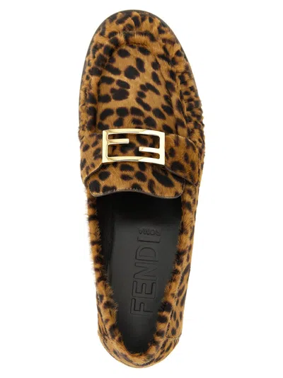 Fendi Women Brown Loafers With Ff Plaque And Leopard Motif In Brushed Leather Woman In Multi