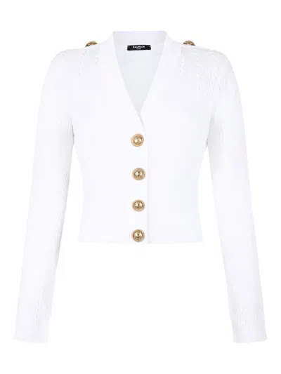 Balmain V-neck Cable Knit Cardigan With Gold-tone Buttons In White