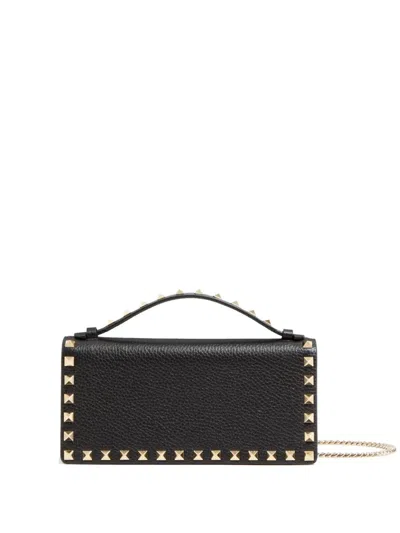Valentino Garavani Rockstud Grainy Leather Wallet With Detachable Chain Accessories In Black