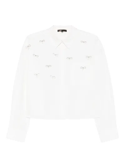 Maje Womens White Cropped Jewel-embellished Cotton Shirt