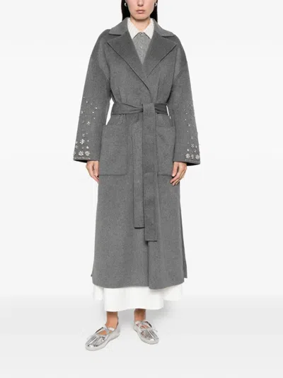 Maje Embellished-belted Single-breasted Coat In Gray