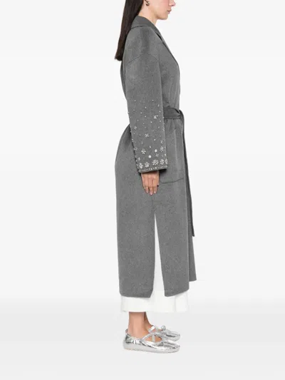 Maje Embellished-belted Single-breasted Coat In Gray
