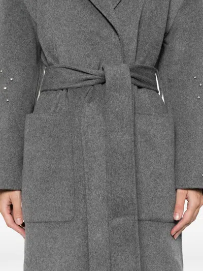 Maje Embellished-belted Single-breasted Coat In Gray