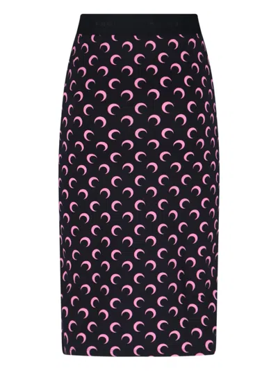 Marine Serre Mid-length Skirt With Elastic Waistband And Print In Black