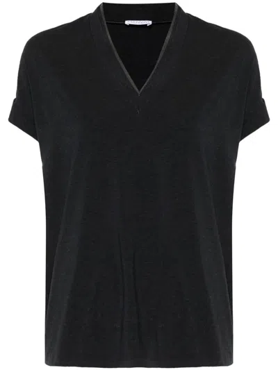 Brunello Cucinelli Monili Trim V-neck Cotton T-shirt Clothing In Black