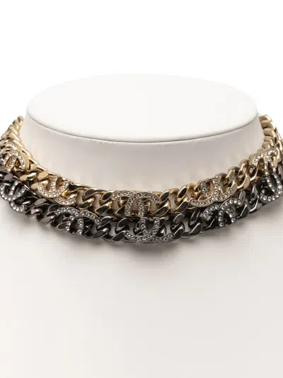 Pre-owned Chanel 2022 Gold Plated And Ruthenium Plated Cc Crystal Split Double Chain Choker Necklace Costume Necklace