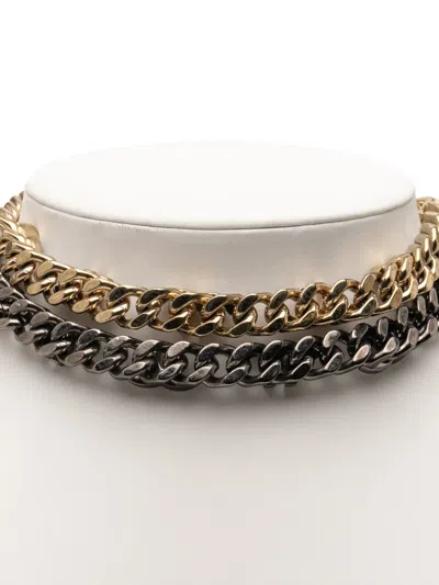 Pre-owned Chanel 2022 Gold Plated And Ruthenium Plated Cc Crystal Split Double Chain Choker Necklace Costume Necklace