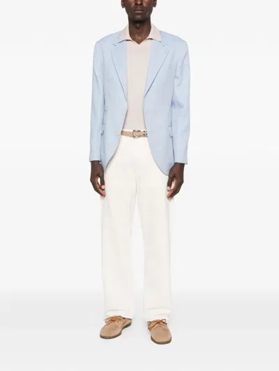 Brunello Cucinelli Linen And Wool Chevron Blazer Light Blue In White