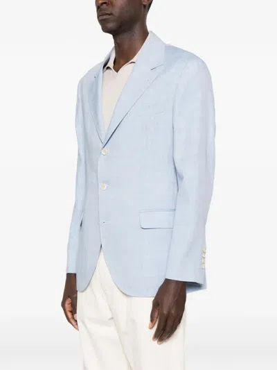 Brunello Cucinelli Linen And Wool Chevron Blazer Light Blue In White