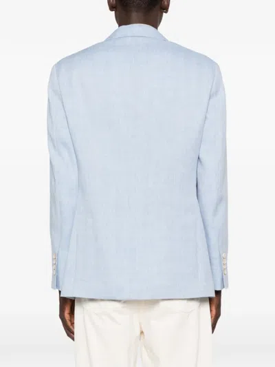Brunello Cucinelli Linen And Wool Chevron Blazer Light Blue In White
