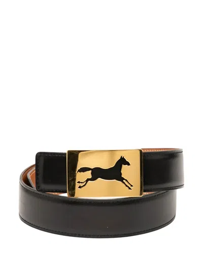 Pre-owned Hermes 1996 Box Calf Horse Buckle Belt In Black