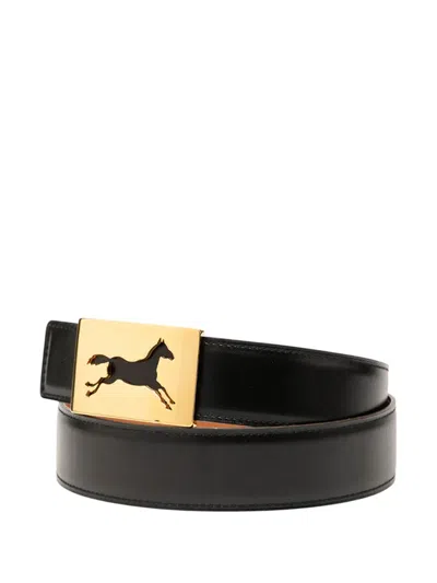 Pre-owned Hermes 1996 Box Calf Horse Buckle Belt In Black