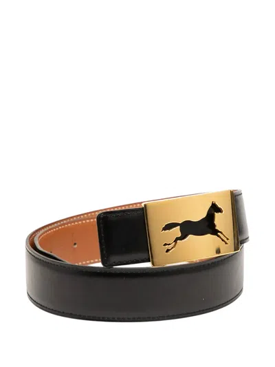Pre-owned Hermes 1996 Box Calf Horse Buckle Belt In Black