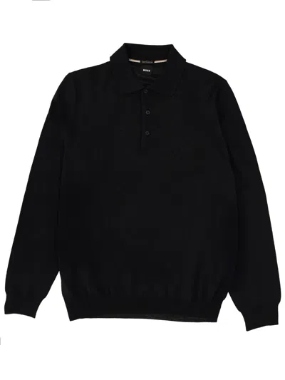Hugo Boss Polo Collar Knit Sweater With Ribbed Cuffs In Black