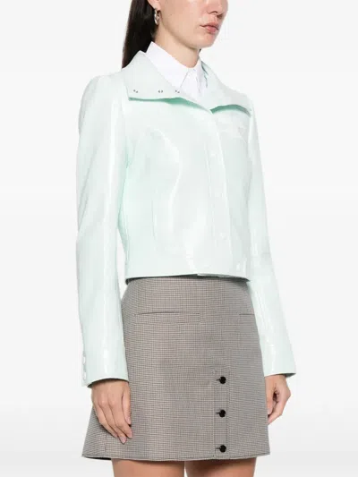 Courrèges Cropped Jacket With Glossy Patent Finish And Structured Collar In Blue