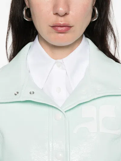 Courrèges Cropped Jacket With Glossy Patent Finish And Structured Collar In Blue