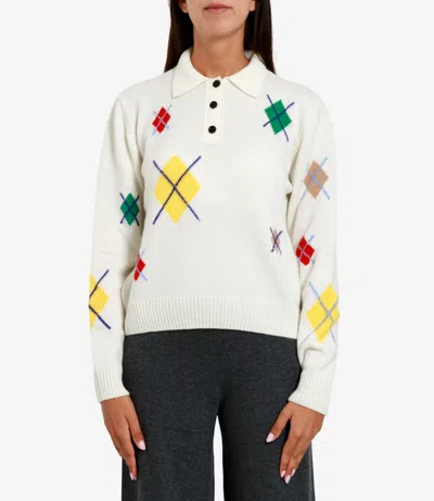 Msgm Argyle Pattern Long-sleeved Polo Shirt In White