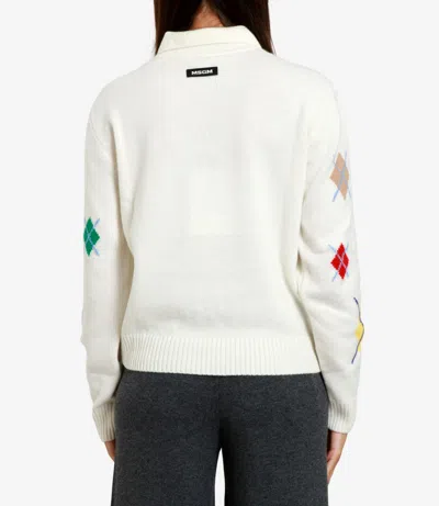 Msgm Argyle Pattern Long-sleeved Polo Shirt In White