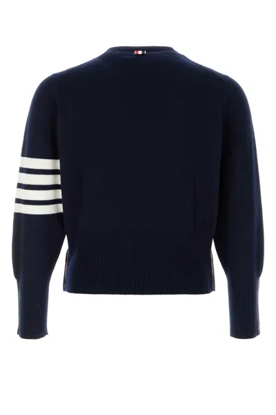 Thom Browne Blue Crewneck Swwater With 4-bar On The Sleeve And Ribbed Trims In Wool Man In Blue