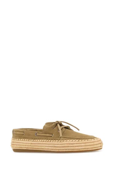 Miu Miu Beige Suede And Raffia Loafers In Brown