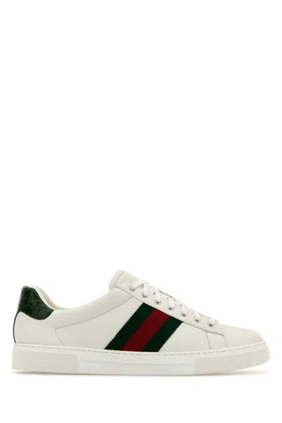 Gucci Ace Leather Sneakers With Lateral Web Band In White