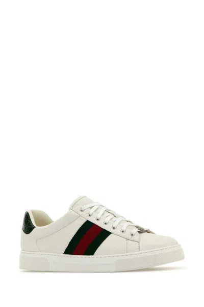 Gucci Ace Leather Sneakers With Lateral Web Band In White