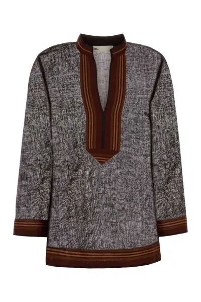 Tory Burch Textured Linen Blouse Contrast Trim In Gray
