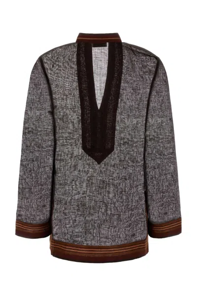 Tory Burch Textured Linen Blouse Contrast Trim In Gray